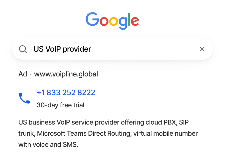 Example Google search ad for VoIPline with a click-to-call phone number
