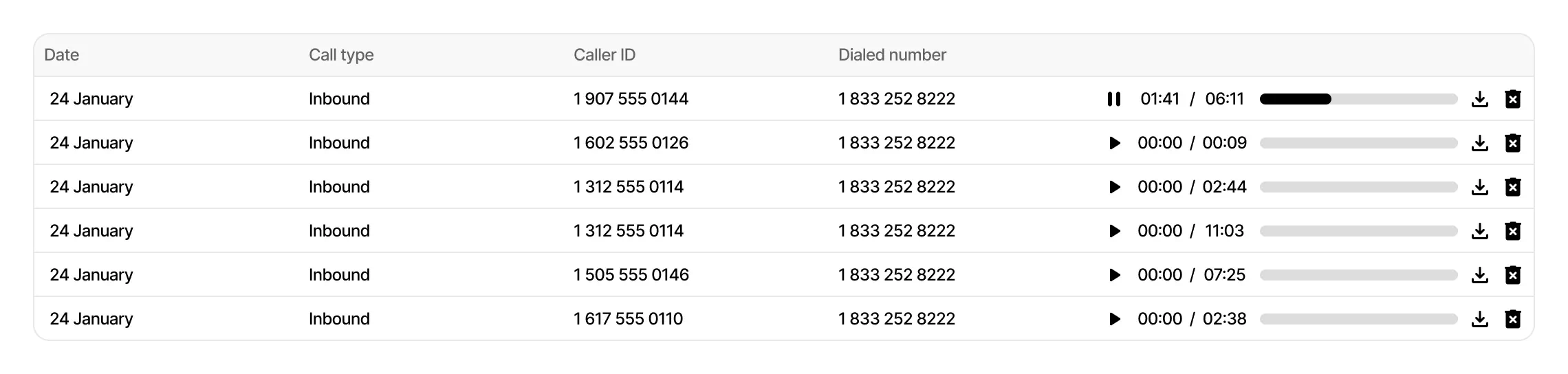 Call recordings report listing call dates, caller details, playback controls and download options