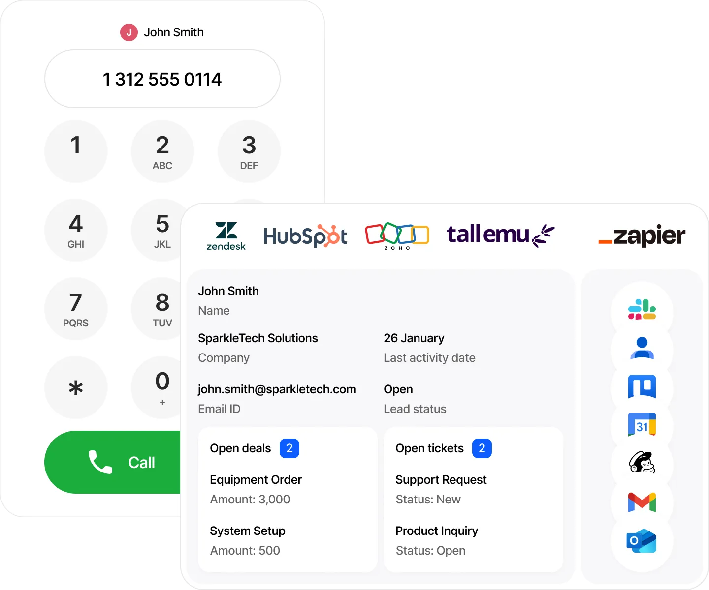 Webphone dialer with CRM caller details, open deals and support tickets