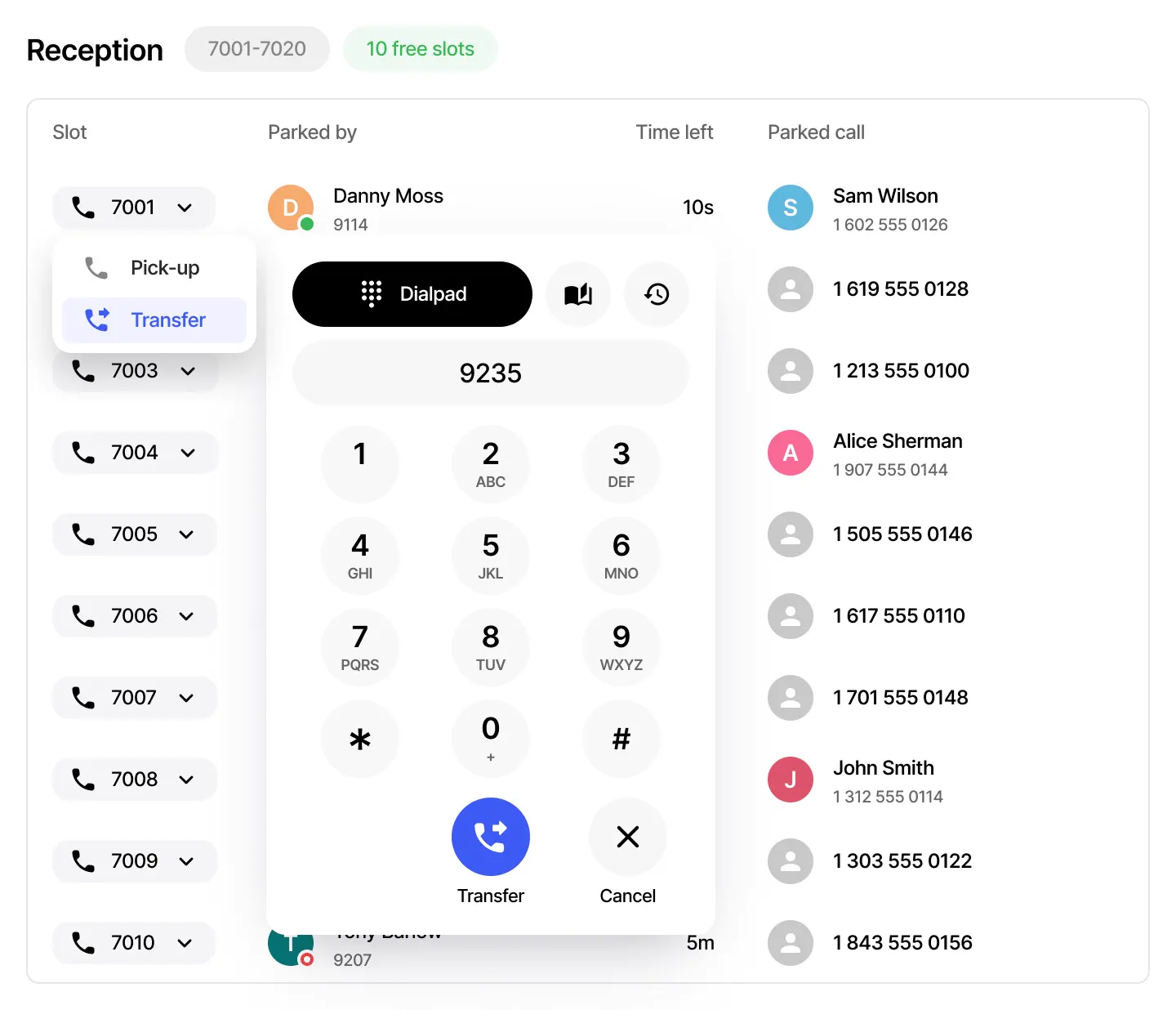 Call parking wallboard and Webphone showing occupied slots, parked callers and transfer controls