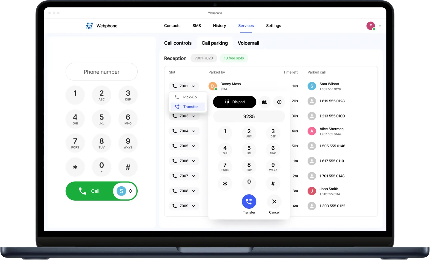 Webphone call parking panel with caller details and controls to retrieve or transfer parked calls