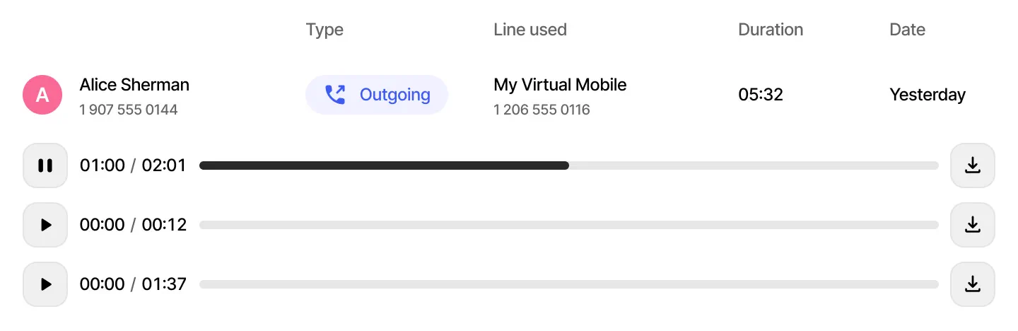 Webphone call history with multiple recordings and playback and download controls