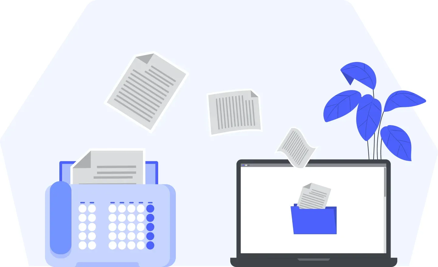 Fax machine sending documents to an email inbox on a laptop