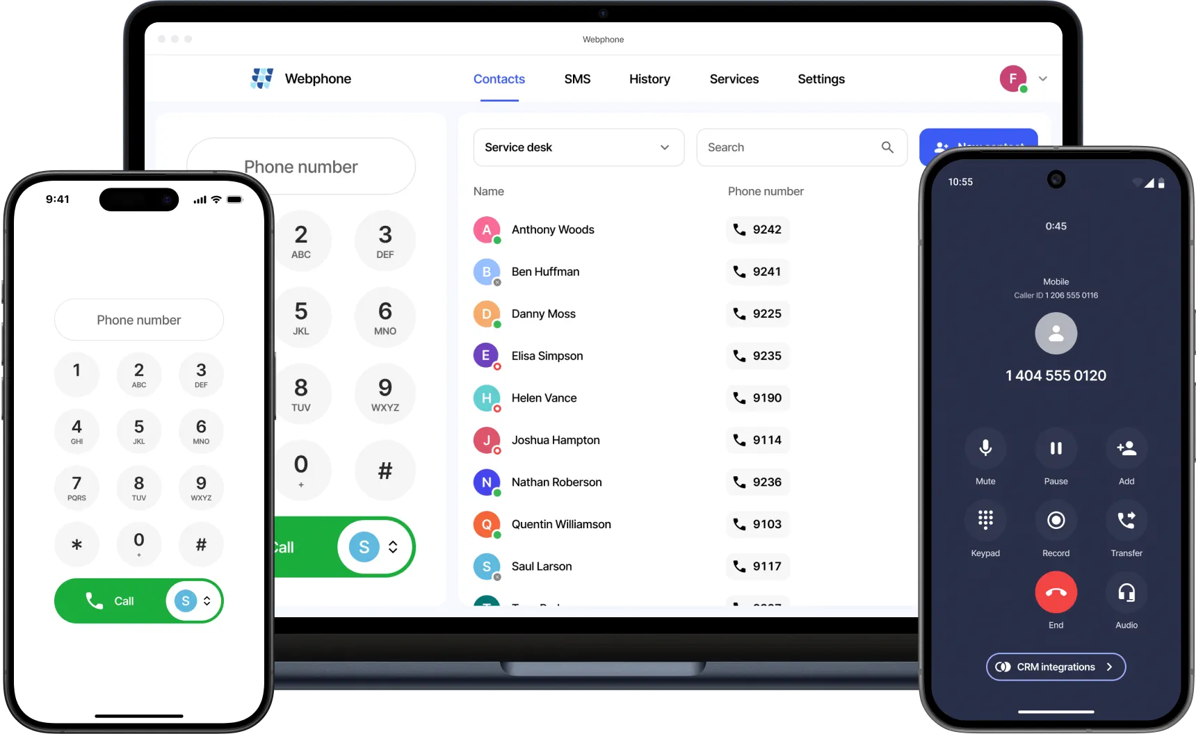 VoIPline Webphone with a dial pad, shared phonebook and calling controls on desktop and mobile