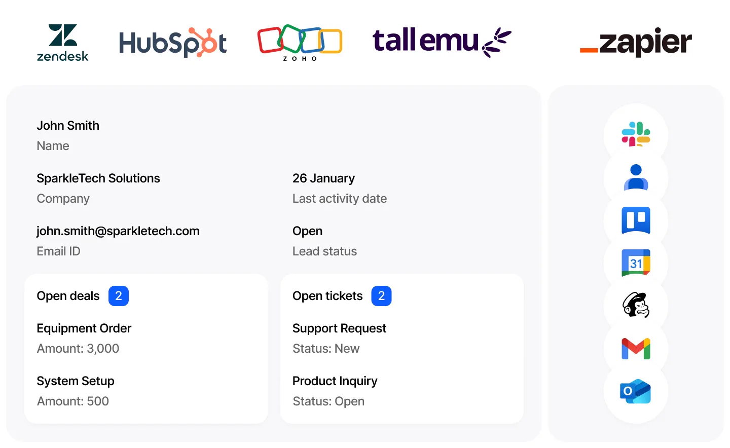 CRM contact details, open deals and support tickets displayed alongside VoIPline integrations