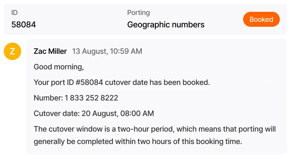 Number porting request in the customer portal with booked status and a message confirming the scheduled transfer