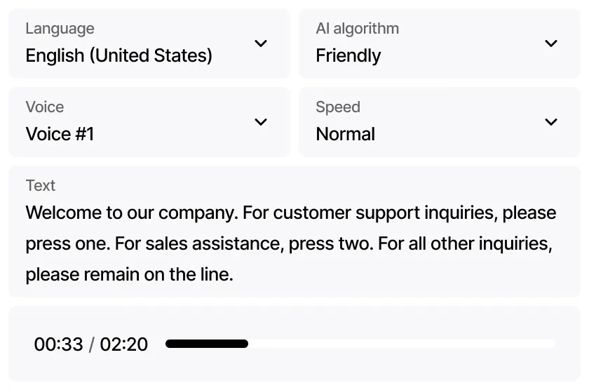 AI voice greeting generator with language, voice and speed settings and an audio preview
