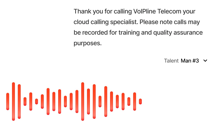 Professional phone greeting and call recording notice preview with a male voice artist