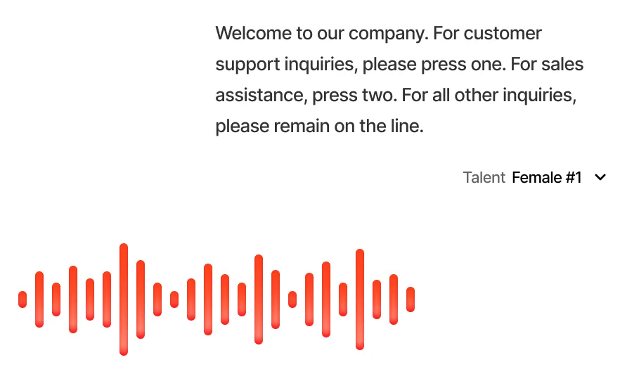 Professional phone greeting preview with a female voice artist and an audio waveform