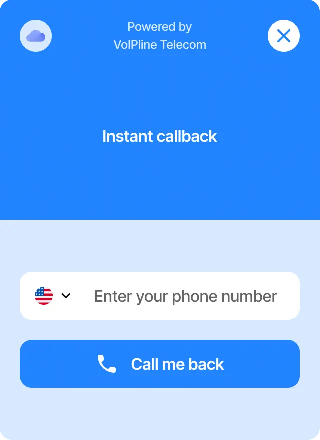 Website callback widget with a country selector, phone number field and Call me back button