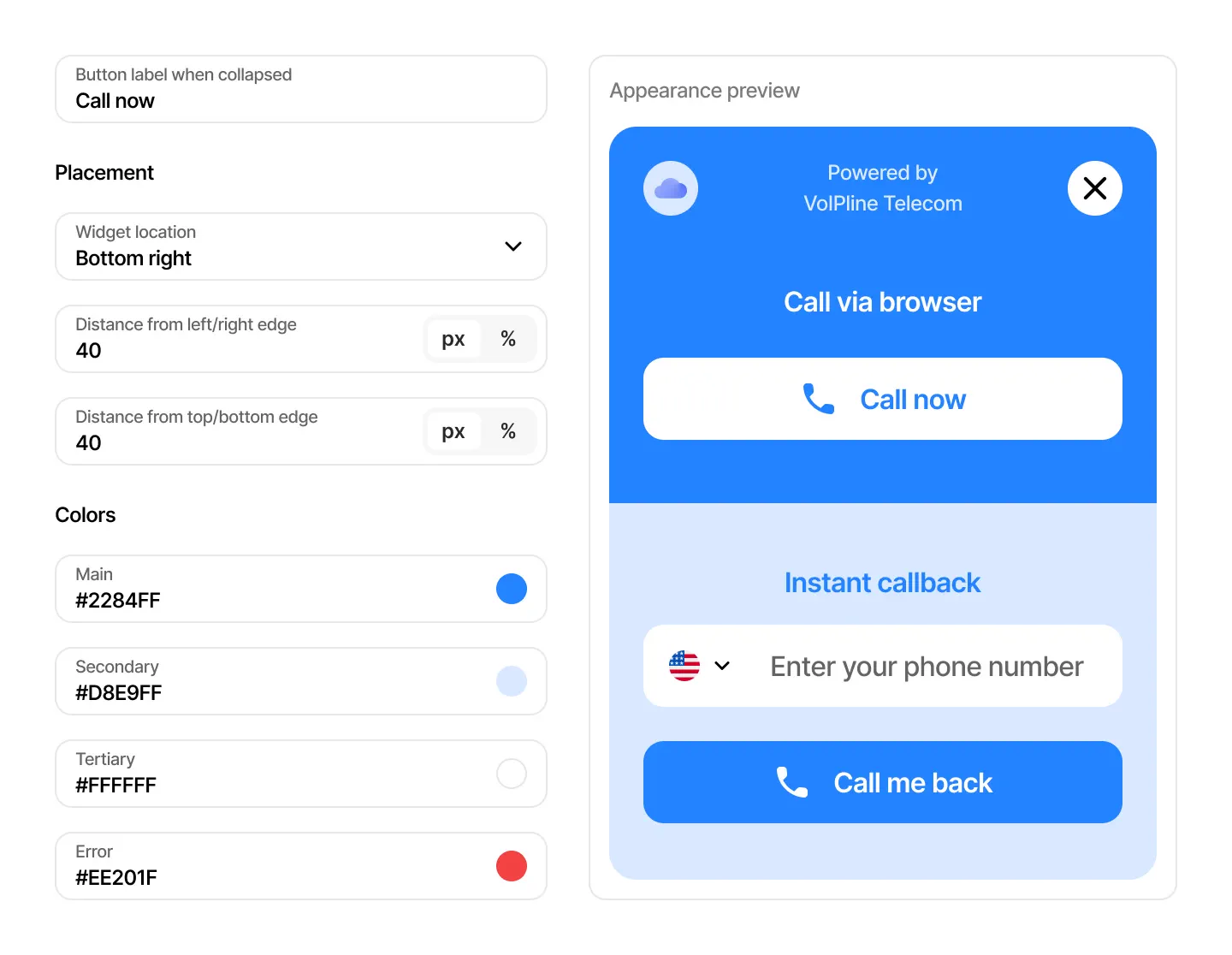Website call widget settings for placement and colors with a live preview